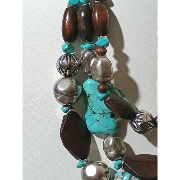 Bocar Southwest Style Faux Turquoise Wood Silver Tone Triple Strand Necklace - Picture 4 of 6